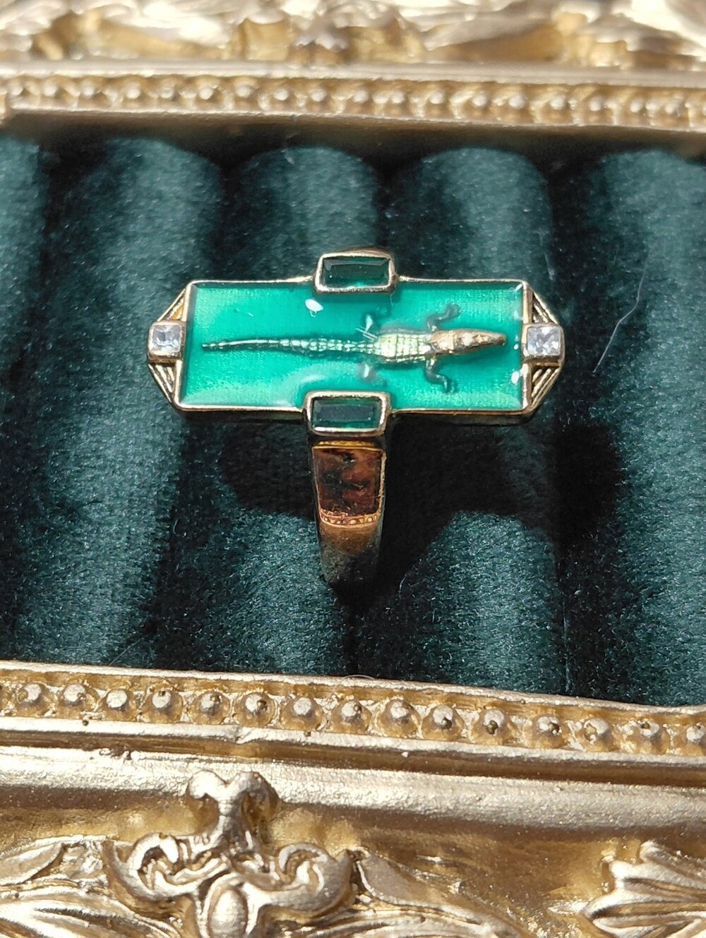 Gold Ring with Turquoise Green Inlay and Cross Accent - Picture 9 of 14